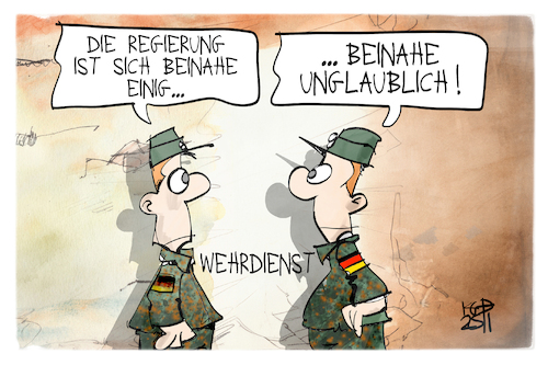 Cartoon: Bundeswehr (medium) by Kostas Koufogiorgos tagged karikatur,koufogiorgos,wehrdienst,bundeswehr,regierung,einigung,soldat,karikatur,koufogiorgos,wehrdienst,bundeswehr,regierung,einigung,soldat