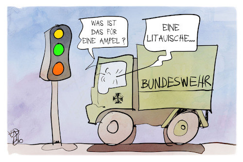 Cartoon: Bundeswehr in Litauen (medium) by Kostas Koufogiorgos tagged karikatur,koufogiorgos,bundeswehr,litauen,soldat,armee,nato,militär,ampel,karikatur,koufogiorgos,bundeswehr,litauen,soldat,armee,nato,militär,ampel