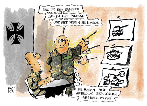 Cartoon: Bundeswehrausbildung (medium) by Kostas Koufogiorgos tagged bundeswehr,ausbildung,afghanistan,kundus,guttenberg,panzer,taliban,krieg,einsatz,soldat,isaf,nato