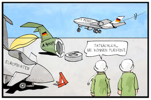 Cartoon: Bundeswehrtagung (medium) by Kostas Koufogiorgos tagged karikatur,koufogiorgos,illustration,cartoon,bundeswehr,merkel,flugzeug,eurofighter,a400m,airbus,rüstungsmängel,rüstungsgüter,soldat,militär,karikatur,koufogiorgos,illustration,cartoon,bundeswehr,merkel,flugzeug,eurofighter,a400m,airbus,rüstungsmängel,rüstungsgüter,soldat,militär