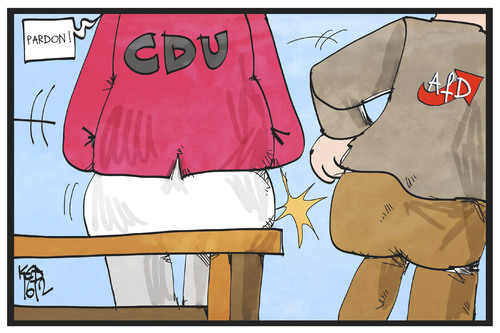 Cartoon: CDU und AfD (medium) by Kostas Koufogiorgos tagged karikatur,koufogiorgos,illustration,cartoon,cdu,afd,bank,rutschen,profil,konservativ,partei,politik,karikatur,koufogiorgos,illustration,cartoon,cdu,afd,bank,rutschen,profil,konservativ,partei,politik