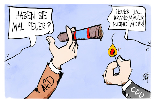 Cartoon: CDU und AfD (medium) by Kostas Koufogiorgos tagged karikatur,koufogiorgos,cdu,afd,brandmauer,feuer,partei,karikatur,koufogiorgos,cdu,afd,brandmauer,feuer,partei
