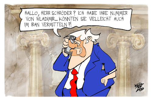 Cartoon: Chef-Vermittler Schröder (medium) by Kostas Koufogiorgos tagged karikatur,koufogiorgos,trump,schröder,iran,vermittler,putin,karikatur,koufogiorgos,trump,schröder,iran,vermittler,putin