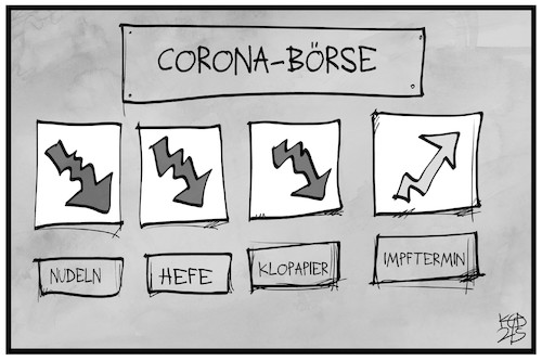 Cartoon: Corona-Börse (medium) by Kostas Koufogiorgos tagged karikatur,koufogiorgos,illustration,cartoon,corona,boerse,impftermin,hefe,nudeln,klopapier,hamstern,karikatur,koufogiorgos,illustration,cartoon,corona,boerse,impftermin,hefe,nudeln,klopapier,hamstern