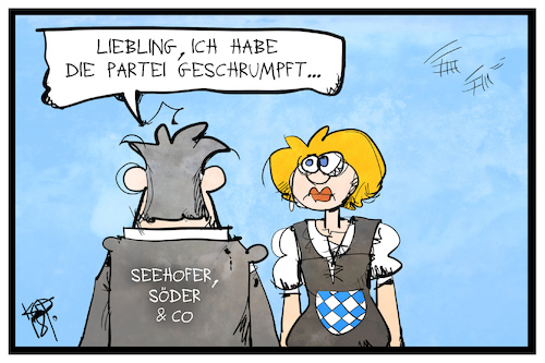 Cartoon: CSU-Schrumpfung (medium) by Kostas Koufogiorgos tagged karikatur,koufogiorgos,illustration,cartoon,csu,partei,wahl,wahlergebnis,bayern,söder,seehofer,geschrumpft,paar,familie,politik,demokratie,karikatur,koufogiorgos,illustration,cartoon,csu,partei,wahl,wahlergebnis,bayern,söder,seehofer,geschrumpft,paar,familie,politik,demokratie