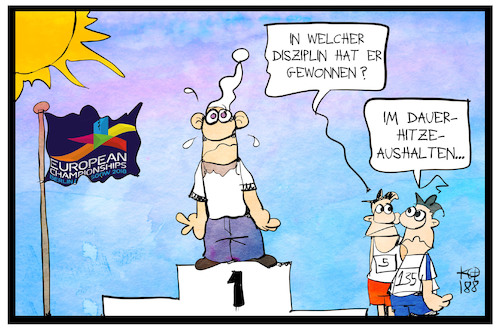 Cartoon: Dauer-Hitze in Deutschland (medium) by Kostas Koufogiorgos tagged karikatur,koufogiorgos,illustration,cartoon,dauer,hitze,champion,sieger,treppchen,podest,sport,michel,sonne,wetter,hitzewelle,european,championships,karikatur,koufogiorgos,illustration,cartoon,dauer,hitze,champion,sieger,treppchen,podest,sport,michel,sonne,wetter,hitzewelle,european,championships