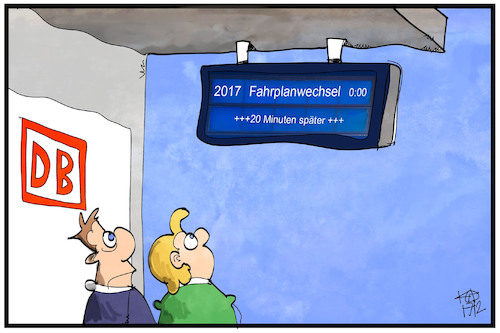 Cartoon: DB-Fahrplanwechsel (medium) by Kostas Koufogiorgos tagged karikatur,koufogiorgos,illustration,cartoon,db,bahn,fahrplan,wechsel,verspätung,fahrgast,passagier,infrastruktur,panne,pünklichkeit,karikatur,koufogiorgos,illustration,cartoon,db,bahn,fahrplan,wechsel,verspätung,fahrgast,passagier,infrastruktur,panne,pünklichkeit