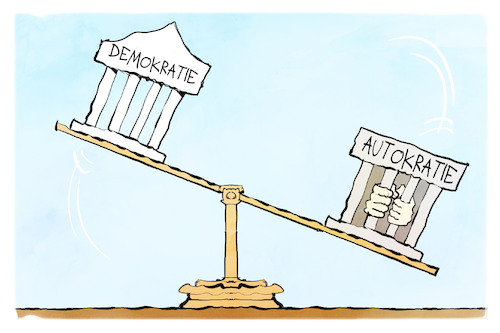 Cartoon: Demokratie vs. Autokratie (medium) by Kostas Koufogiorgos tagged karikatur,koufogiorgos,demokratie,autokratie,waage,gleichgewicht,menschenrechte,gefängnis,karikatur,koufogiorgos,demokratie,autokratie,waage,gleichgewicht,menschenrechte,gefängnis