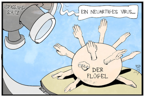 Cartoon: Der Flügel (medium) by Kostas Koufogiorgos tagged karikatur,koufogiorgos,illustration,cartoon,flügel,afd,rechtsextremismus,verfassungsschutz,verdachtsfall,virus,überwachung,karikatur,koufogiorgos,illustration,cartoon,flügel,afd,rechtsextremismus,verfassungsschutz,verdachtsfall,virus,überwachung