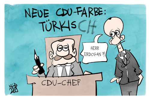 Cartoon: Die CDU ist jetzt türkis-ch (medium) by Kostas Koufogiorgos tagged karikatur,koufogiorgos,erdogan,merz,türkisch,türkis,karikatur,koufogiorgos,erdogan,merz,türkisch,türkis