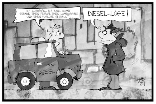 Cartoon: Die Diesel-Lüge (medium) by Kostas Koufogiorgos tagged karikatur,koufogiorgos,illustration,cartoon,diesel,lüge,angeber,auto,fahrverbot,karikatur,koufogiorgos,illustration,cartoon,diesel,lüge,angeber,auto,fahrverbot