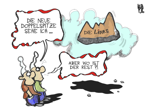 Cartoon: Die Linke (medium) by Kostas Koufogiorgos tagged kipping,riexinger,partei,vorsitz,linke,berg,wähler,michel,basis,parteitag,göttingen,politik,karikatur,kostas,koufogiorgos,kipping,riexinger,partei,göttingen,parteitag