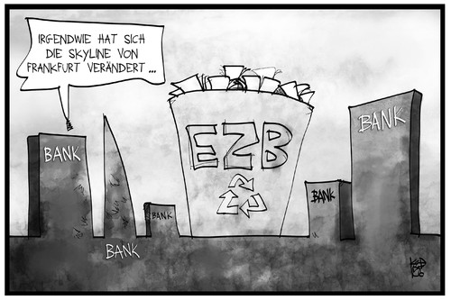 Cartoon: Die neue EZB (medium) by Kostas Koufogiorgos tagged karikatur,koufogiorgos,illustration,cartoon,ezb,europa,europäische,zentralbank,papier,staatsanleihen,müll,draghi,wirtschaft,krise,politik,mülleimer,frankfurt,skyline,karikatur,koufogiorgos,illustration,cartoon,ezb,europa,europäische,zentralbank,papier,staatsanleihen,müll,draghi,wirtschaft,krise,politik,mülleimer,frankfurt,skyline