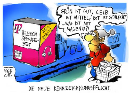 Cartoon: Die neue Kennzeichnungspflicht (medium) by Kostas Koufogiorgos tagged telekom,spionage,skandal,horst,seehofer,lebensmittel,kennzeichnung,kostas,koufogiorgos,telekom,spionage,spionageskandal,spionageverdacht,affäre,verbraucher,verbraucherschutz,lebensmittel,qualität,lebensmittelkennzeichnung,kennzeichnung,ampelkennzeichnung,kennzeichnungspflicht,horst seehofer,horst,seehofer,magenta,einführung,einkauf,einkaufen