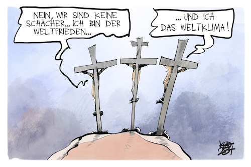Cartoon: Die Schächer (medium) by Kostas Koufogiorgos tagged karikatur,koufogiorgos,schächer,kreuzigung,weltfrieden,weltklima,tod,karfreitag,jesus,christentum,karikatur,koufogiorgos,schächer,kreuzigung,weltfrieden,weltklima,tod,karfreitag,jesus,christentum