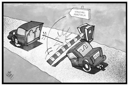 Cartoon: Diesel-Gipfel (medium) by Kostas Koufogiorgos tagged karikatur,koufogiorgos,illustration,cartoon,diesel,gipfel,auto,eauto,elektromobilität,schranke,fahrzeug,kfz,verkehrsministerium,karikatur,koufogiorgos,illustration,cartoon,diesel,gipfel,auto,eauto,elektromobilität,schranke,fahrzeug,kfz,verkehrsministerium