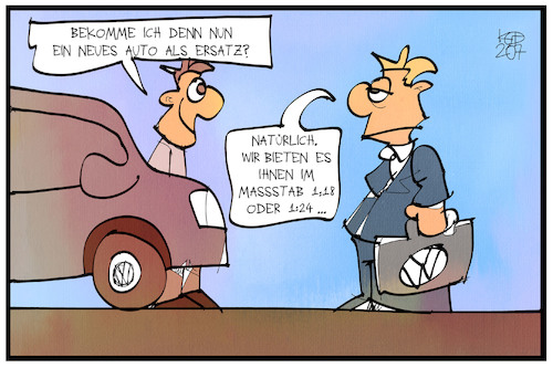 Cartoon: Dieselgate (medium) by Kostas Koufogiorgos tagged karikatur,koufogiorgos,illustration,cartoon,vw,volkswagen,dieselgate,ersatz,schadenersatz,diesel,modellauto,karikatur,koufogiorgos,illustration,cartoon,vw,volkswagen,dieselgate,ersatz,schadenersatz,diesel,modellauto