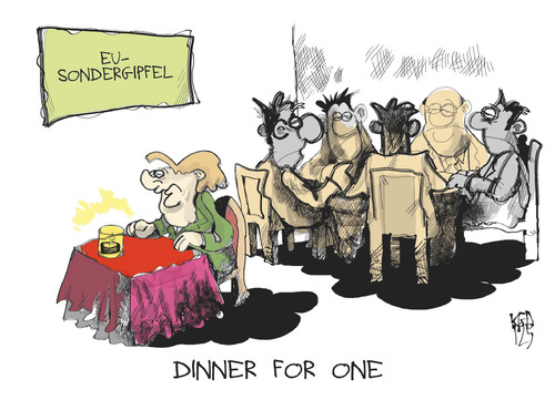 Cartoon: Dinner for one (medium) by Kostas Koufogiorgos tagged dinner,for,one,merkel,isolation,eu,sondergipfel,europa,schulden,euro,krise,wirtschaft,politik,karikatur,kostas,koufogiorgos,dinner for one,isolation,eu,sondergipfel,europa,schulden,dinner,for,one