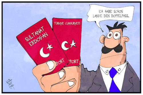 Cartoon: Doppelpass (medium) by Kostas Koufogiorgos tagged karikatur,koufogiorgos,illustration,cartoon,doppelpass,reisepass,tuerkei,integration,integrationsdebatte,erdogan,karikatur,koufogiorgos,illustration,cartoon,doppelpass,reisepass,tuerkei,integration,integrationsdebatte,erdogan