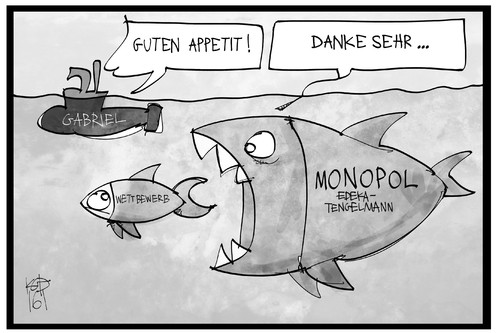 Cartoon: Edeka und Tengelmann (medium) by Kostas Koufogiorgos tagged karikatur,koufogiorgos,illustration,cartoon,edeka,tengelmann,fusion,gabriel,monopol,wettbewerb,lebensmittel,konzern,unternehmen,übernahme,fisch,schlucken,karikatur,koufogiorgos,illustration,cartoon,edeka,tengelmann,fusion,gabriel,monopol,wettbewerb,lebensmittel,konzern,unternehmen,übernahme,fisch,schlucken