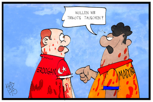 Cartoon: Erdogan und Maduro (medium) by Kostas Koufogiorgos tagged karikatur,koufogiorgos,illustration,cartoon,erdogan,maduro,tuerkei,venezuela,trikot,tausch,menschenrechte,demokratie,diktatur,karikatur,koufogiorgos,illustration,cartoon,erdogan,maduro,tuerkei,venezuela,trikot,tausch,menschenrechte,demokratie,diktatur