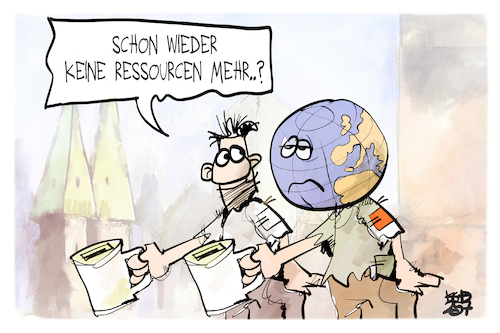 Cartoon: Erdüberlastungstag (medium) by Kostas Koufogiorgos tagged karikatur,koufogiorgos,erdüberlastungstag,betteln,ressourcen,karikatur,koufogiorgos,erdüberlastungstag,betteln,ressourcen