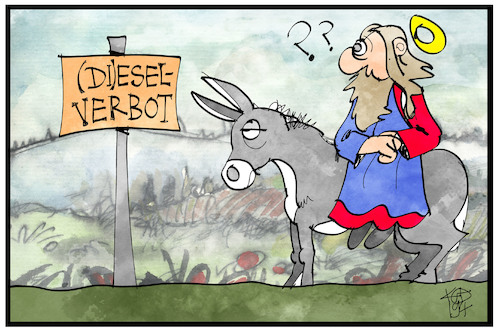 Cartoon: Eselverbot am Palmsonntag (medium) by Kostas Koufogiorgos tagged karikatur,koufogiorgos,illustration,cartoon,karwoche,palmsonntag,jesus,esel,diesel,verbot,christentum,christus,verkehr,karikatur,koufogiorgos,illustration,cartoon,karwoche,palmsonntag,jesus,esel,diesel,verbot,christentum,christus,verkehr