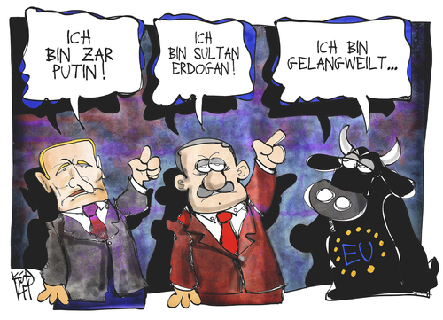 Cartoon: EU-Annäherung (medium) by Kostas Koufogiorgos tagged illustration,cartoon,karikatur,koufogiorgos,brüssel,europa,eu,putin,erdogan,stier,gipfel,russland,türkei,illustration,cartoon,karikatur,koufogiorgos,brüssel,europa,eu,putin,erdogan,stier,gipfel,russland,türkei