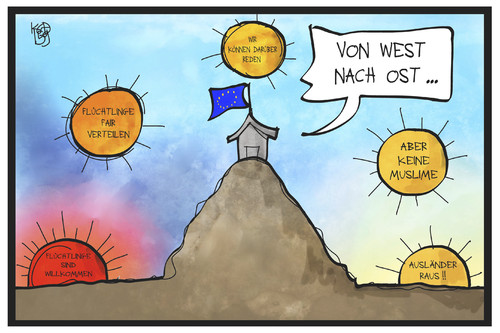 Cartoon: EU-Flüchtlingsgipfel (medium) by Kostas Koufogiorgos tagged karikatur,koufogiorgos,illustration,cartoon,flüchtlingskrise,eu,europa,gipfel,sondertreffen,osten,westen,sonne,aufgang,untergang,ablehnung,flüchtlinge,willkommenskultur,karikatur,koufogiorgos,illustration,cartoon,flüchtlingskrise,eu,europa,gipfel,sondertreffen,osten,westen,sonne,aufgang,untergang,ablehnung,flüchtlinge,willkommenskultur