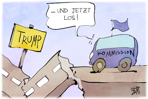 Cartoon: EU-Kommission (medium) by Kostas Koufogiorgos tagged karikatur,koufogiorgos,eu,kommission,trump,auto,strasse,karikatur,koufogiorgos,eu,kommission,trump,auto,strasse