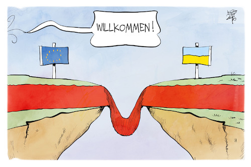 Cartoon: EU-Ukraine (medium) by Kostas Koufogiorgos tagged karikatur,koufogiorgos,eu,ukraine,teppich,kluft,beitrittsgespräche,karikatur,koufogiorgos,eu,ukraine,teppich,kluft,beitrittsgespräche