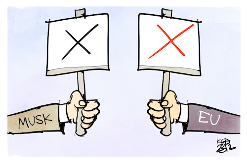 Cartoon: EU vs. Musk (medium) by Kostas Koufogiorgos tagged karikatur,koufogiorgos,musk,eu,social,media,karikatur,koufogiorgos,musk,eu,social,media