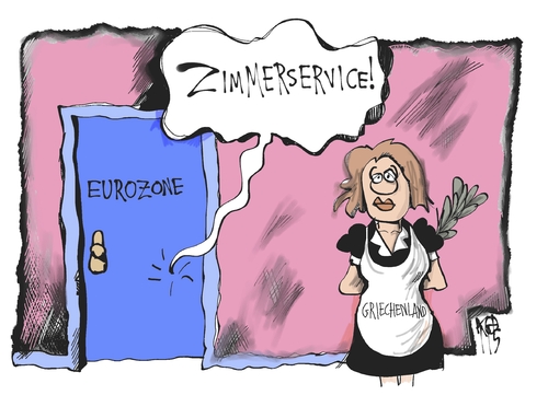 Cartoon: Euro-Krise (medium) by Kostas Koufogiorgos tagged griechenland,eurozone,euro,krise,iwf,hotel,strauss kahn,schulden,kredit,defizit,sparauflagen,strauss,kahn