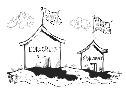 Cartoon: Eurogruppe (medium) by Kostas Koufogiorgos tagged eurogruppe,griechenland,gästezimmer,europa,euro,schulden,krise,finanzminister,karikatur,kostas,koufogiorgos,eurogruppe,griechenland,gästezimmer,europa,euro,schulden,krise