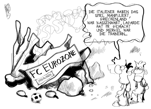 Cartoon: FC Eurozone (medium) by Kostas Koufogiorgos tagged fc,fussball,euro,zone,schulden,krise,europa,italien,wettskandal,manipulation,merkel,lagarde,griechenland,wirtschaft,sport,karikatur,kostas,koufogiorgos,fc,fussball,euro,schulden,krise,italien,wettskandal,manipulation