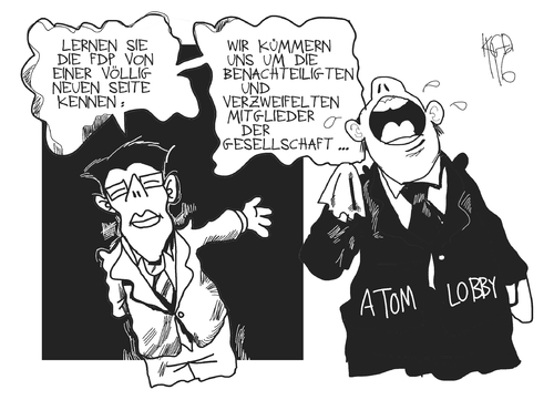 Cartoon: FDP und die Energiewende (medium) by Kostas Koufogiorgos tagged fdp,atomkraft,akw,atomlobby,energiewende,nuklear,energie,rösler