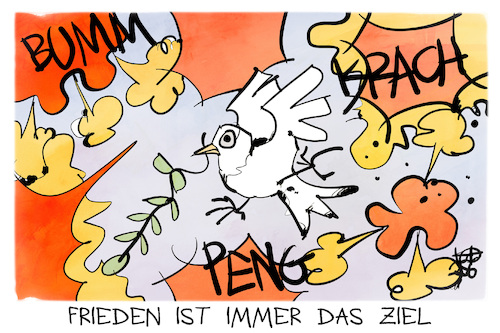 Cartoon: Frieden ist das Ziel (medium) by Kostas Koufogiorgos tagged karikatur,koufogiorgos,ziel,frieden,taube,krieg,waffen,karikatur,koufogiorgos,ziel,frieden,taube,krieg,waffen