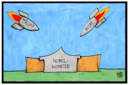 Cartoon: Friedensnobelpreis (medium) by Kostas Koufogiorgos tagged karikatur,koufogiorgos,illustrtion,cartoon,frieden,nobelpreis,trump,kim,atomwaffen,ican,preisverleihung,angriff,usa,nordkorea,konflikt,nuklear,rakete,oslo,nobelkomitte,karikatur,koufogiorgos,illustrtion,cartoon,frieden,nobelpreis,trump,kim,atomwaffen,ican,preisverleihung,angriff,usa,nordkorea,konflikt,nuklear,rakete,oslo,nobelkomitte