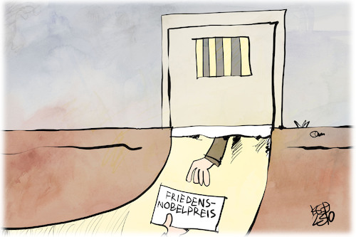 Cartoon: Friedensnobelpreis (medium) by Kostas Koufogiorgos tagged karikatur,koufogiorgos,nobelpreis,frieden,haft,zelle,gefängnis,karikatur,koufogiorgos,nobelpreis,frieden,haft,zelle,gefängnis