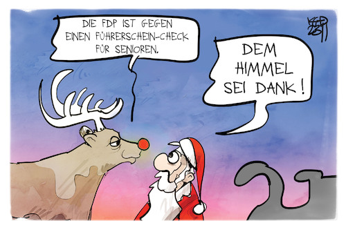 Cartoon: Führerschein-Check für Senioren (medium) by Kostas Koufogiorgos tagged karikatur,koufogiorgos,führerschein,weihnachtsmann,senior,fahren,verkehr,schlitten,karikatur,koufogiorgos,führerschein,weihnachtsmann,senior,fahren,verkehr,schlitten