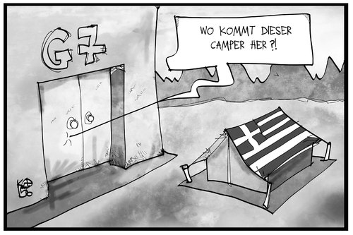 Cartoon: G7-Camper (medium) by Kostas Koufogiorgos tagged karikatur,koufogiorgos,cartoon,illustration,g7,gipfel,griechenland,camp,camper,zelt,politik,treffen,abschottung,karikatur,koufogiorgos,cartoon,illustration,g7,gipfel,griechenland,camp,camper,zelt,politik,treffen,abschottung