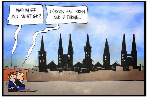 Cartoon: G7 Lübeck (medium) by Kostas Koufogiorgos tagged karikatur,koufogiorgos,illustration,cartoon,g7,g8,lübeck,türme,außenminister,treffen,politik,weltmacht,karikatur,koufogiorgos,illustration,cartoon,g7,g8,lübeck,türme,außenminister,treffen,politik,weltmacht