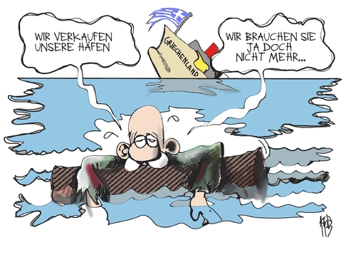 Cartoon: Griechenland (medium) by Kostas Koufogiorgos tagged griechenland,privatisierung,hafen,schiff,untergang,schulden,defizit,bankrott,pleite