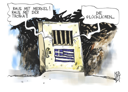 Cartoon: Griechenland (medium) by Kostas Koufogiorgos tagged troika,merkel,griechenland,kontrolle,gefängnis,euro,schulden,krise,karikatur,kostas,koufogiorgos