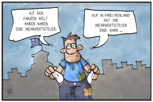 Cartoon: Griechenland (medium) by Kostas Koufogiorgos tagged karikatur,koufogiorgos,illustration,cartoon,griechenland,mwst,mehrwertsteuer,geld,schuldenkrise,wirtschaft,plaeite,bankrott,einkauf,produkt,politik,karikatur,koufogiorgos,illustration,cartoon,griechenland,mwst,mehrwertsteuer,geld,schuldenkrise,wirtschaft,plaeite,bankrott,einkauf,produkt,politik