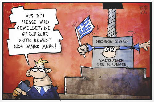 Cartoon: Griechenland bewegt sich (medium) by Kostas Koufogiorgos tagged illustration,cartoon,karikatur,koufogiorgos,griechenland,gläubiger,eu,presse,grieche,bürger,reporter,medien,schulden,krise,druck,politik,illustration,cartoon,karikatur,koufogiorgos,griechenland,gläubiger,eu,presse,grieche,bürger,reporter,medien,schulden,krise,druck,politik