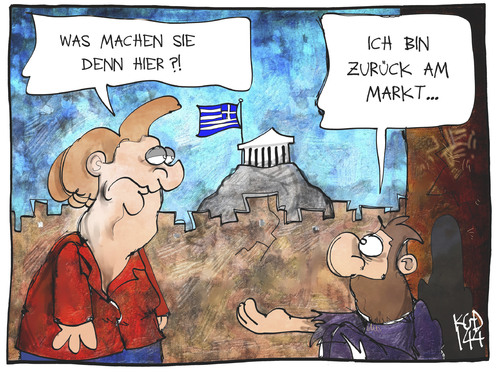 Cartoon: Griechenland zurück am Markt (medium) by Kostas Koufogiorgos tagged karikatur,koufogiorgos,cartoon,illustration,griechenland,merkel,athen,parthenon,markt,kapitalmarkt,wirtschaft,politik,bankrott,staatspleite,eu,europa,rettungsschirm,karikatur,koufogiorgos,cartoon,illustration,griechenland,merkel,athen,parthenon,markt,kapitalmarkt,wirtschaft,politik,bankrott,staatspleite,eu,europa,rettungsschirm