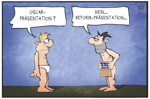 Cartoon: Griechische Reform-Präsentation (medium) by Kostas Koufogiorgos tagged karikatur,koufogiorgos,illustration,cartoon,oscar,nacht,nackt,griechenland,reformliste,rampenlicht,scheinwerfer,bühne,blösse,reformen,eu,europa,politik,karikatur,koufogiorgos,illustration,cartoon,oscar,nacht,nackt,griechenland,reformliste,rampenlicht,scheinwerfer,bühne,blösse,reformen,eu,europa,politik