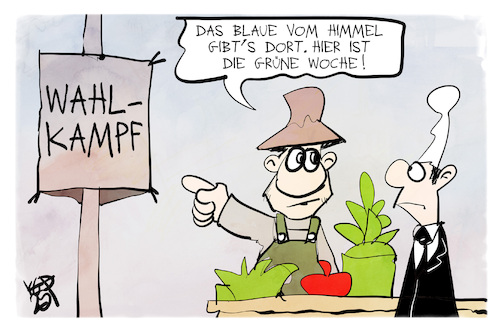 Cartoon: Grüne Woche (medium) by Kostas Koufogiorgos tagged karikatur,koufogiorgos,grün,blau,versprechungen,wahlkampg,woche,messe,karikatur,koufogiorgos,grün,blau,versprechungen,wahlkampg,woche,messe