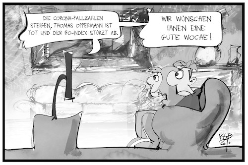 Cartoon: Guter Wochenstart (medium) by Kostas Koufogiorgos tagged karikatur,koufogiorgos,illustration,cartoon,wochenstart,nachrichten,hiobsbotschaft,fallzahlen,oppermann,pandemie,fernsehen,medien,zuschauer,karikatur,koufogiorgos,illustration,cartoon,wochenstart,nachrichten,hiobsbotschaft,fallzahlen,oppermann,pandemie,fernsehen,medien,zuschauer